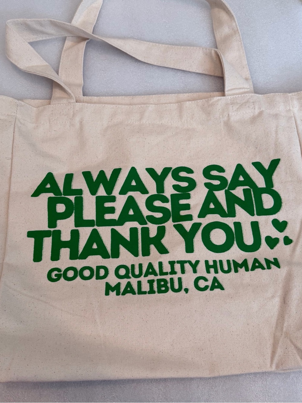Good Quality Human Malibu CA Natural Canvas Tote Bag with Green Print